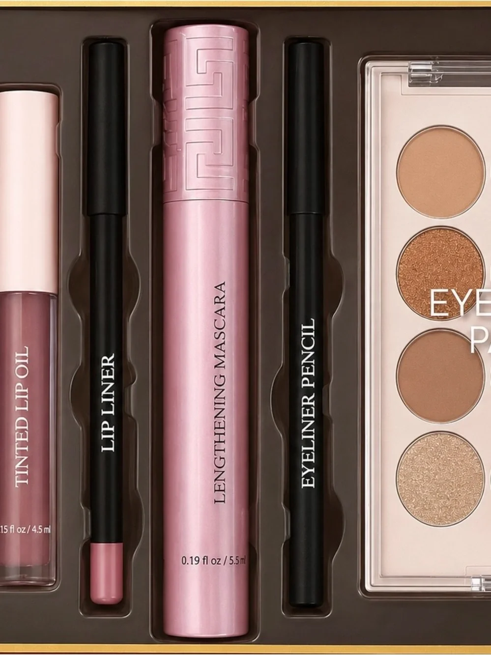 Natural Glam 5 Piece Makeup Collection Rosy Nude Eyeshadow Lip Oil Mascara Liner